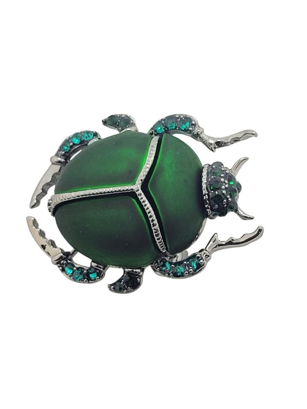 Vintage Vibes Green Beetle Brooch Scarab Pin Emerald Rhinestone Silver Tone 1.5" - Picture 4 of 5